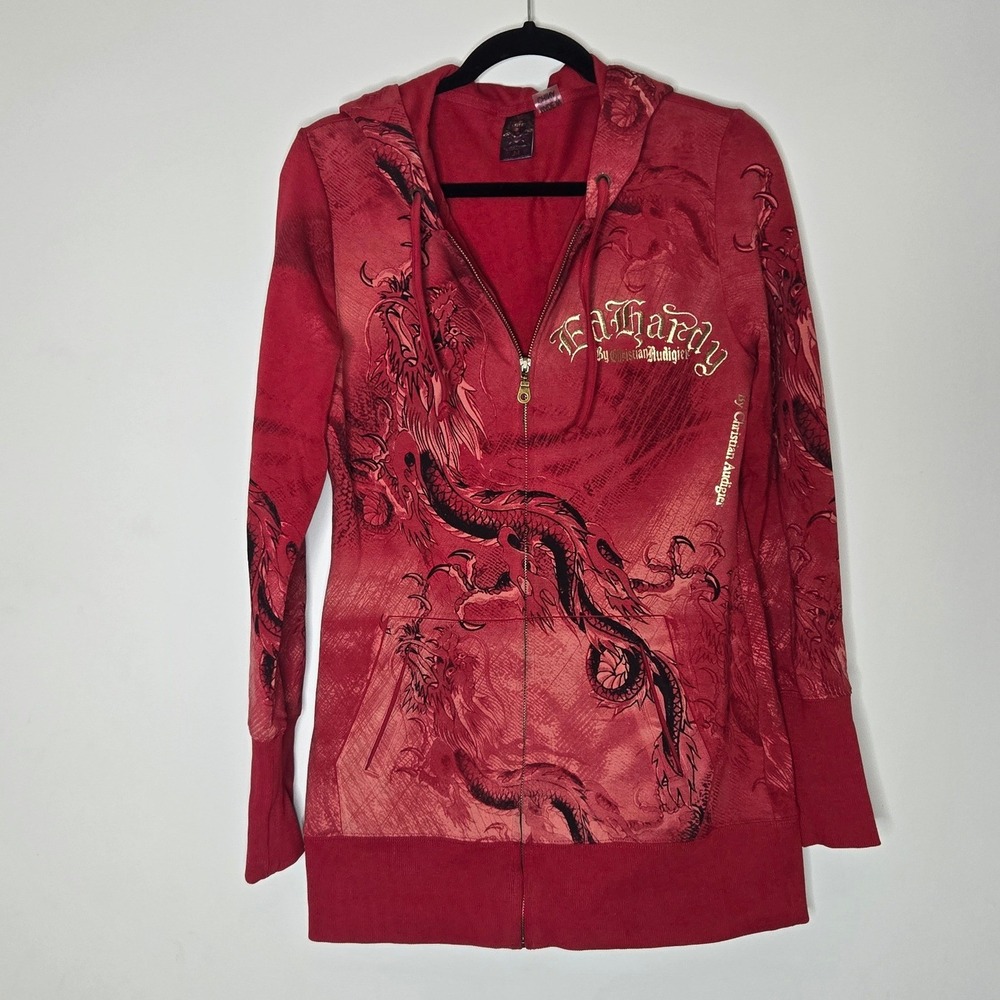 Ed Hardy Dragon Zip Up Hoodie Womens Medium Red Y2K Longline Art Wear Tattoo